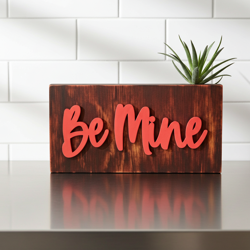 Wood sign pained black with a red tint with the words Be Mine, sitting on a metal table with subway tils and a plant in the background