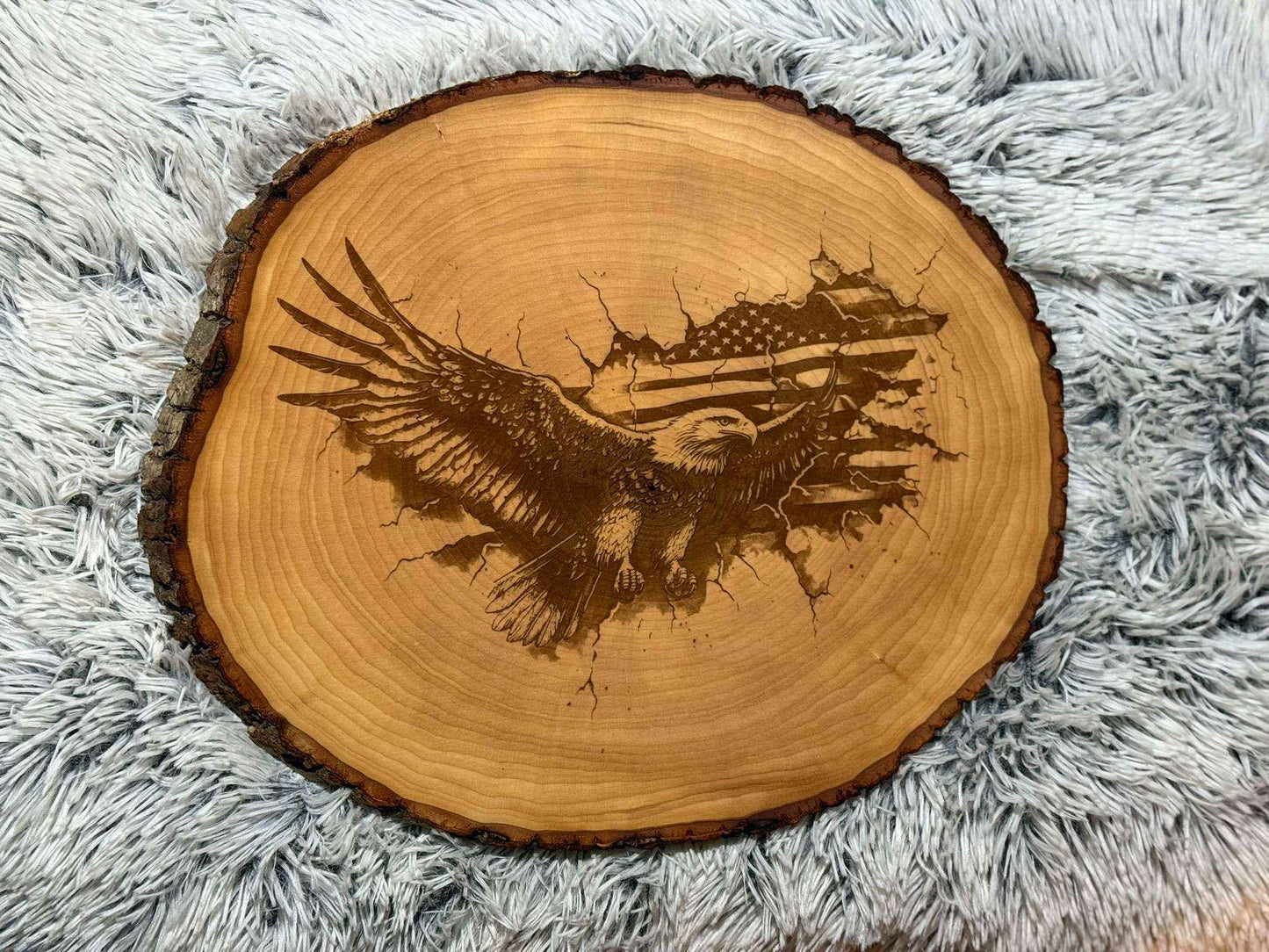 Patriotic Bald Eagle & American Flag Laser-Engraved Wood Slice | Live Edge Decor