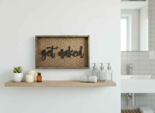 Get Naked 3D Wood Bathroom Sign | Modern Herringbone Framed Decor