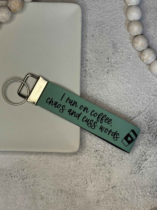 Coffee Chaos & Cuss Words Wristlet Keychain | Funny Engraved Leatherette Key Fob