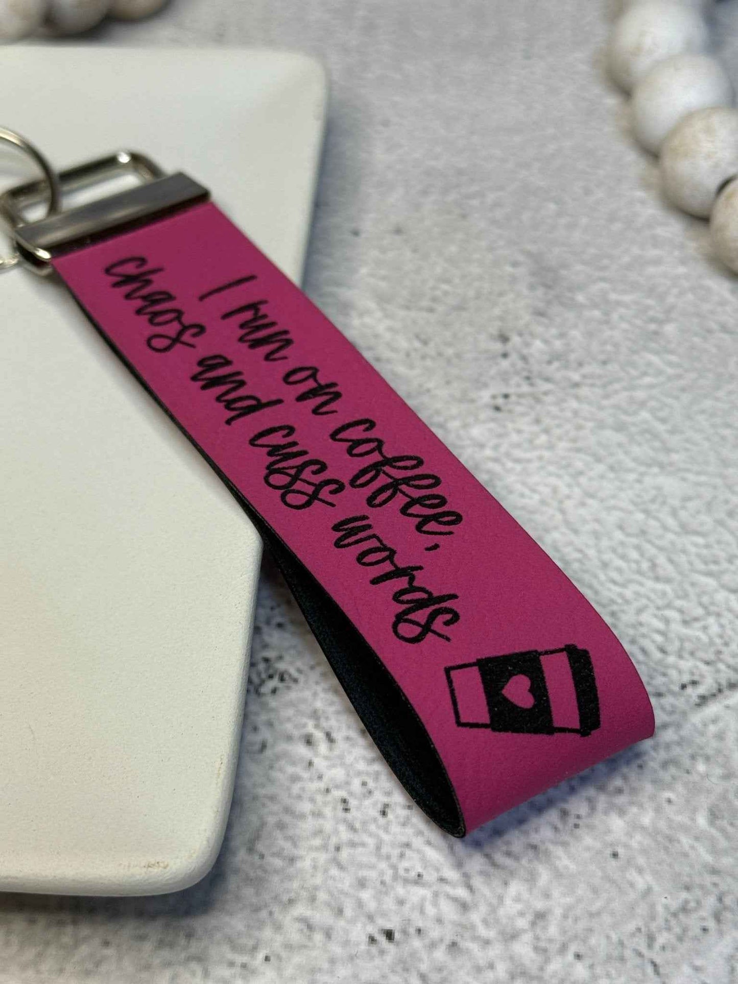 Coffee Chaos & Cuss Words Wristlet Keychain | Funny Engraved Leatherette Key Fob