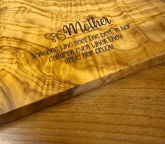 Mother Olive Wood Live - Edge Board | Engraved Olive Wood Board - Rustic Aura