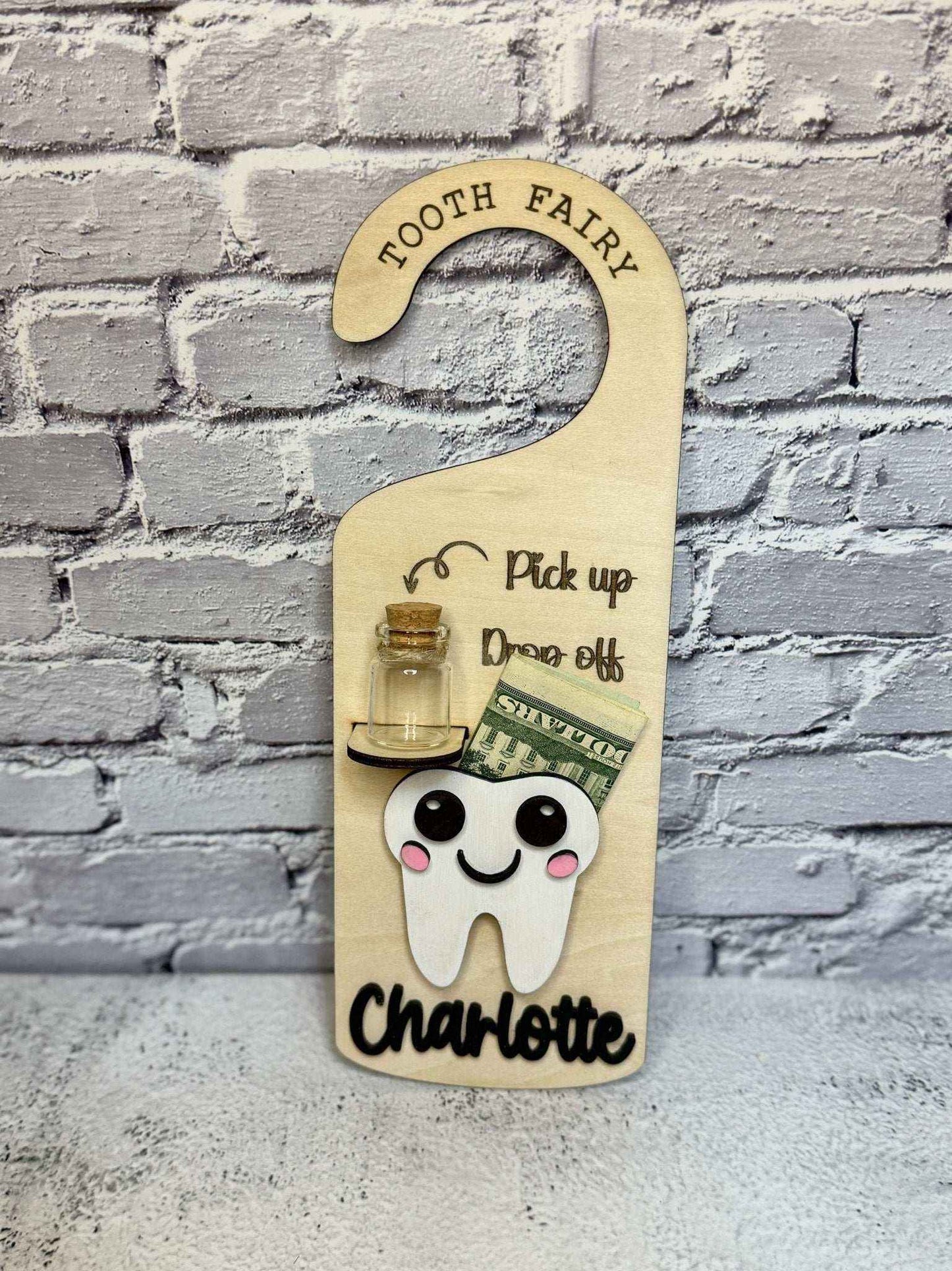Personalized Tooth Fairy Door Hanger | Custom 3D Name Hanger with Glass Tooth Vial