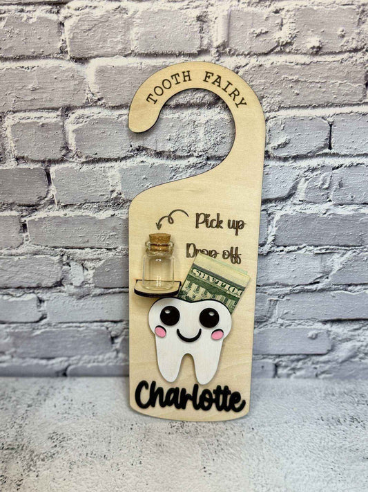Personalized Tooth Fairy Door Hanger | Custom 3D Name Hanger with Glass Tooth Vial
