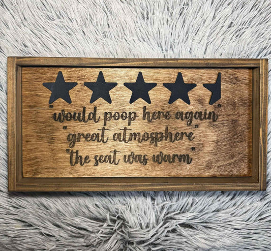 Would Poop Here Again Funny Bathroom Sign | 5-Star Review Framed Wood Decor