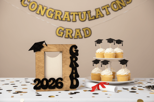 2026 Graduation Photo Frame – Wood & Black Glitter Acrylic - Rustic Aura