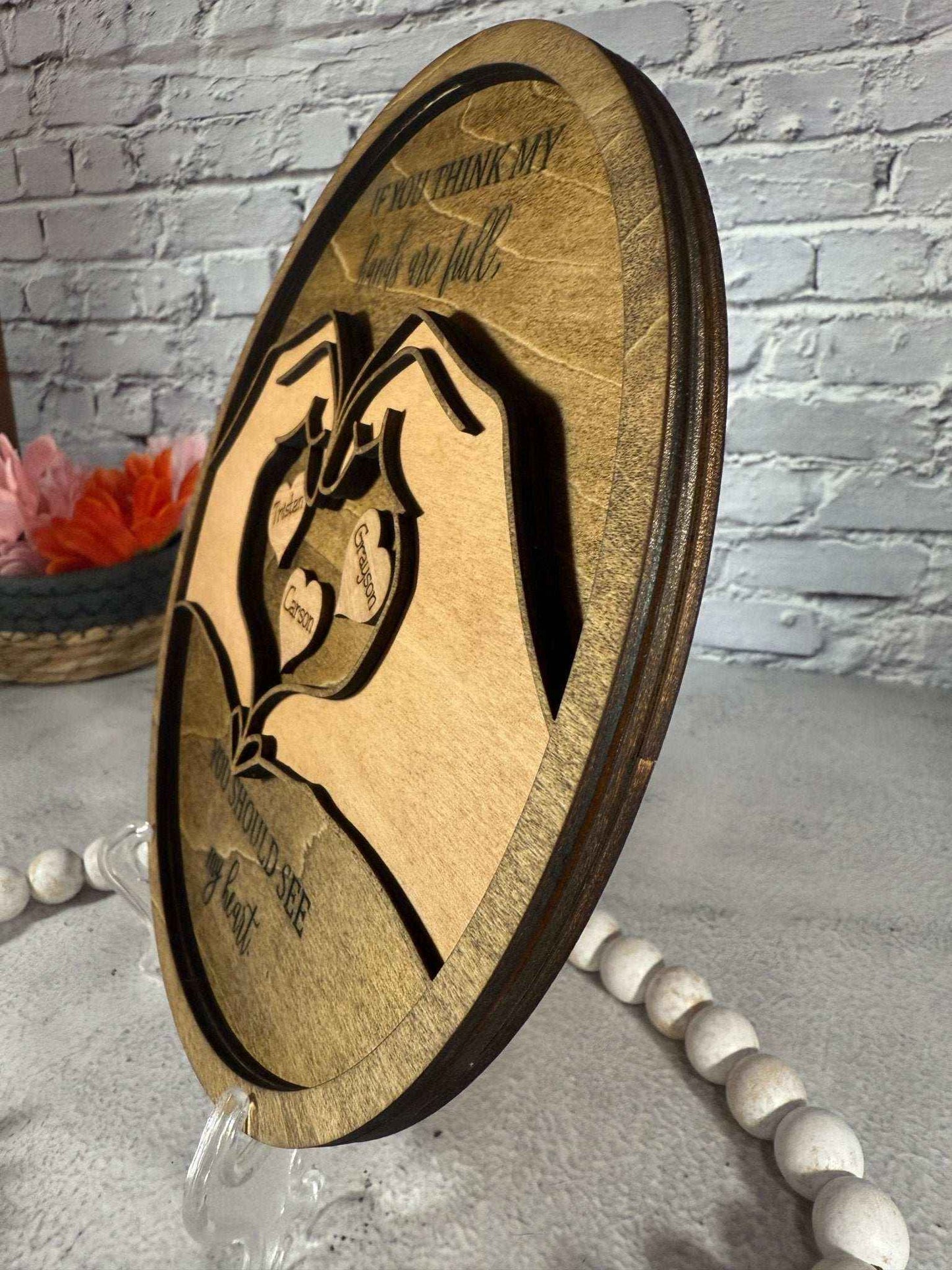 Personalized "Hands are Full" 3D Wood Sign | Custom Heart & Names Shelf Decor