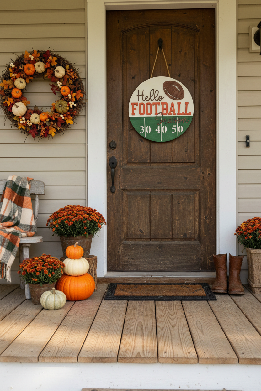 Hello Football Season Door Hanger on Front Porch