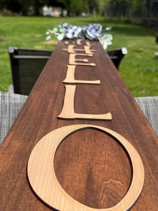 "Oh Hello" Porch Leaner | Stained Wood with Bow & Greenery - Rustic Aura
