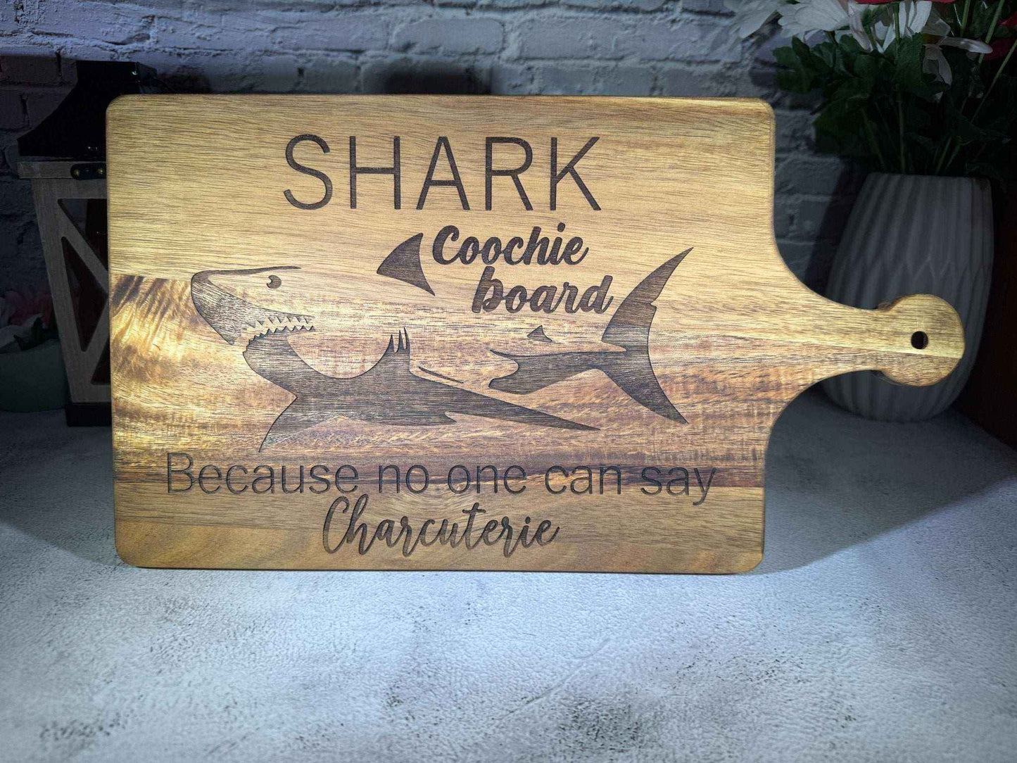 Funny Engraved Acacia Charcuterie Board | "Shark Coochie" Wood Serving Tray