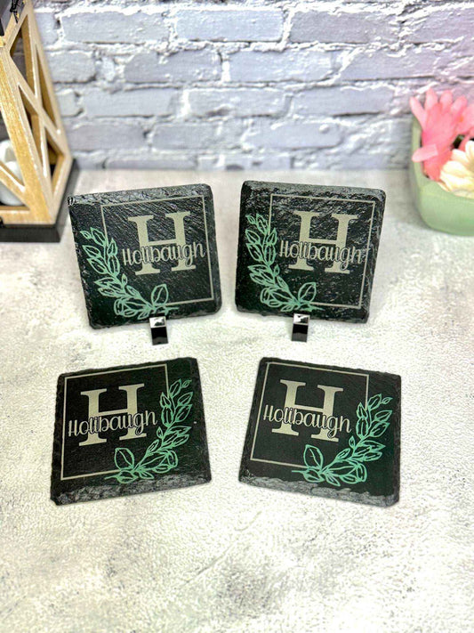 Personalized Hand-Painted Last Name Slate Coaster Set | Set of 4 Custom Monogram Stone Decor