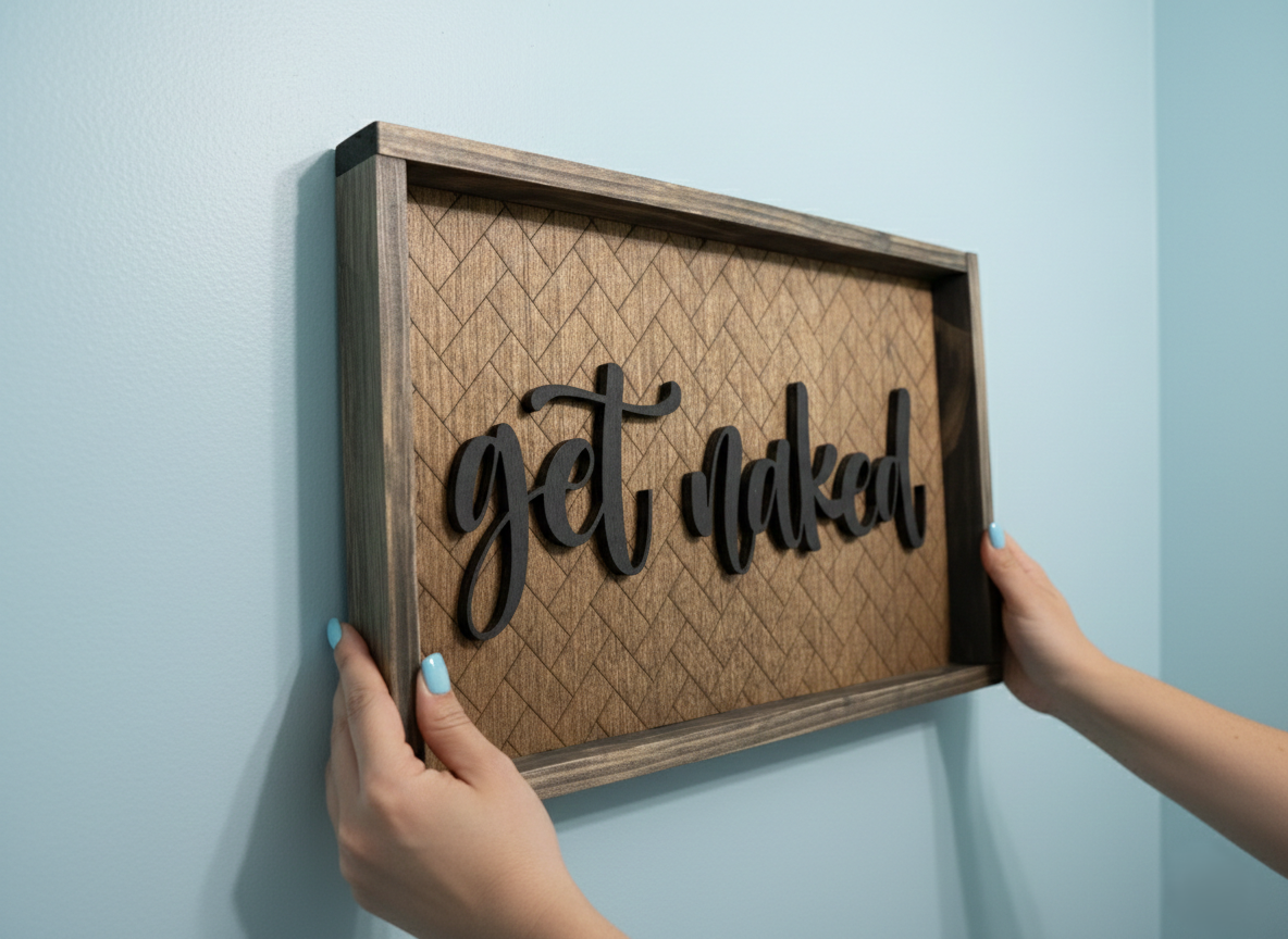 Framed wooden sign that says "get naked" in cut wood with a herringbone pattern engraved on the background hanging on a light blue wall