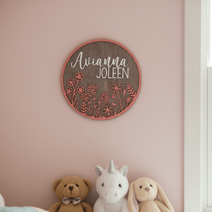 Custom 3D Floral Name Sign | Personalized Nursery & Kids' Room Round - Rustic Aura