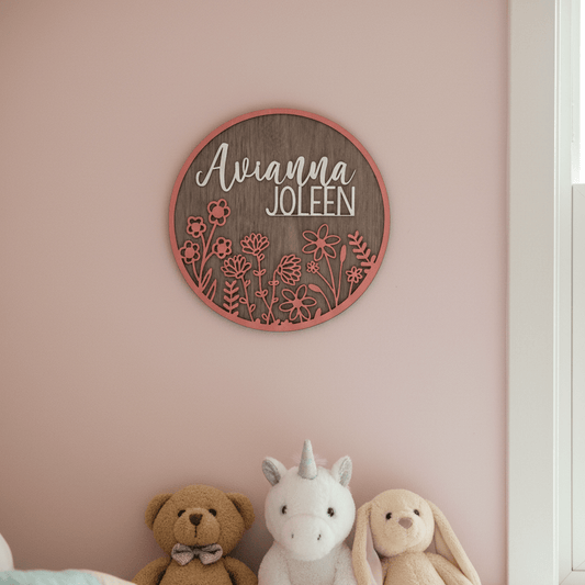 Custom 3D Floral Name Sign | Personalized Nursery & Kids' Room Round - Rustic Aura