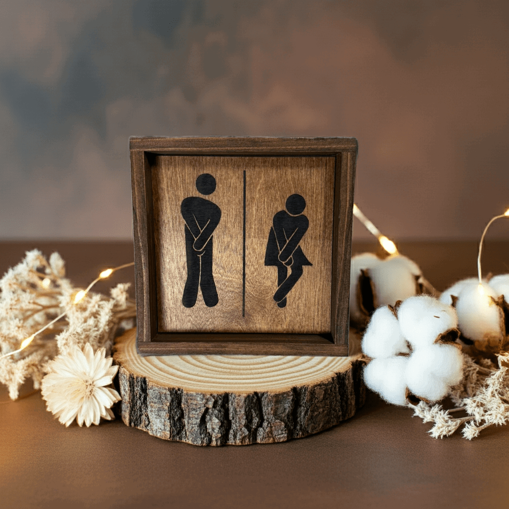 Wooden sign with engraved figures on a wooden base with decorative lights and flowers.