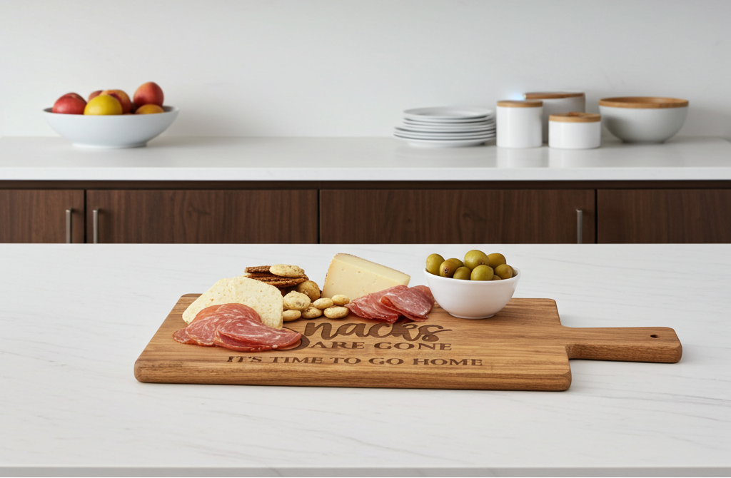 Wooden cutting charcuterie board with food on a kitchen counter, featuring text if you can read this the snacks are gone it's time to go home