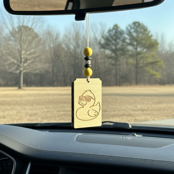 Wooden car freshener with an engraved rubber duck-jeep- with yellow and black beads