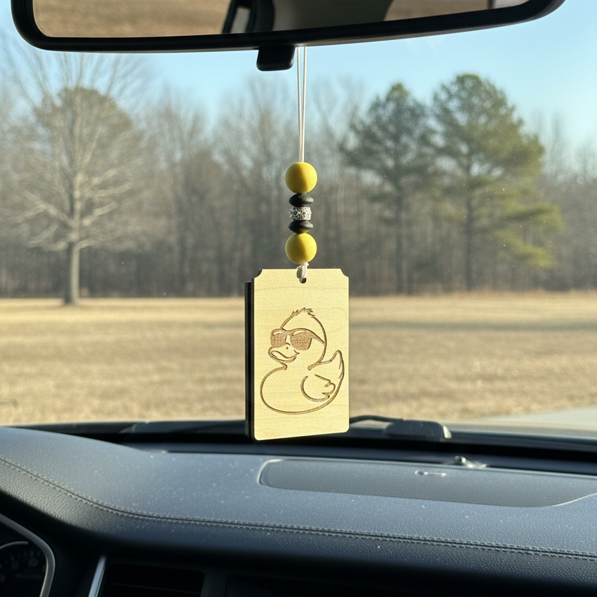 Wooden car freshener with an engraved rubber duck-jeep- with yellow and black beads