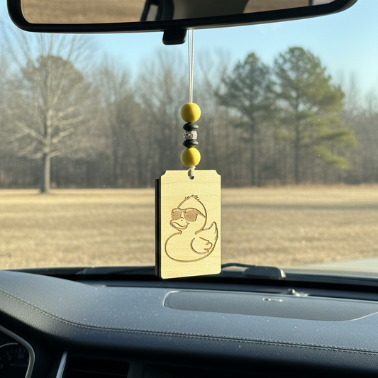 Wooden car freshener with an engraved rubber duck-jeep- with yellow and black beads