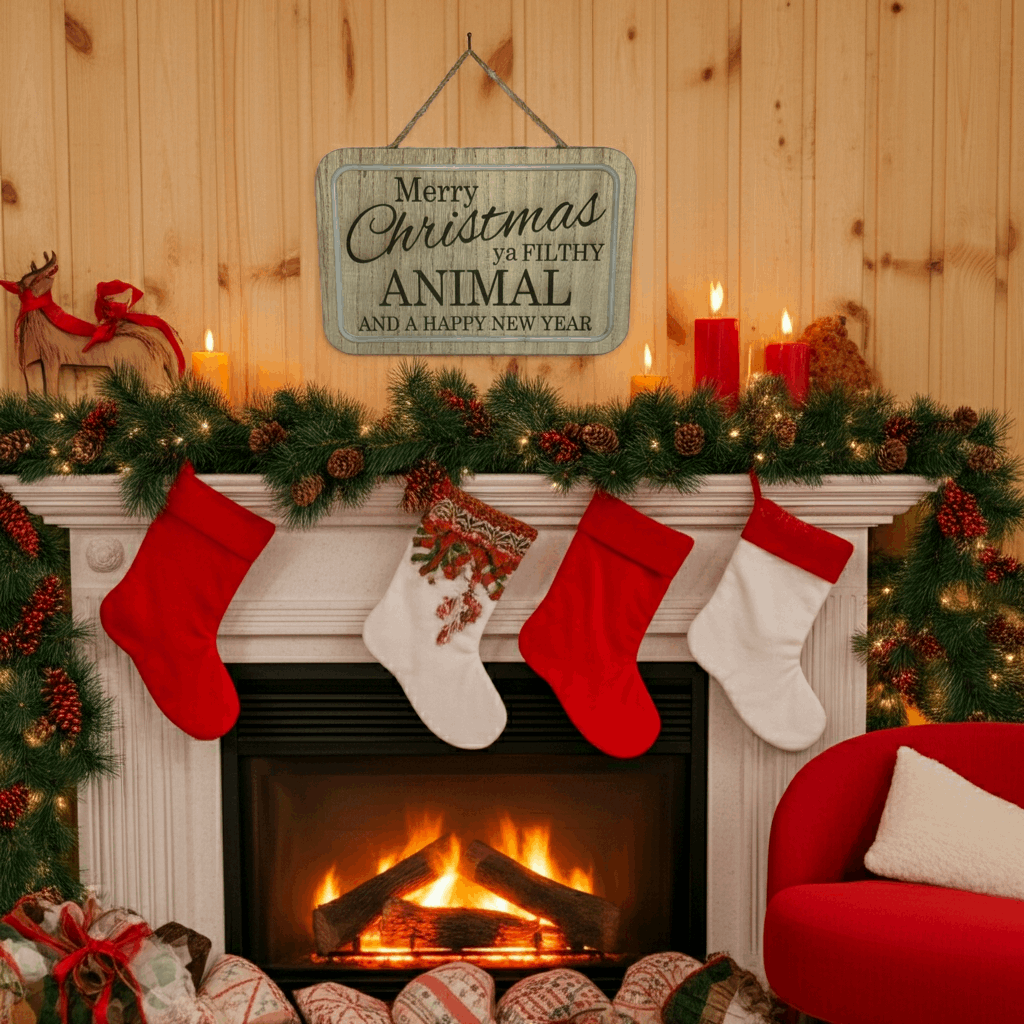 Decorated Christmas fireplace with stockings, garland, and a humorous sign.