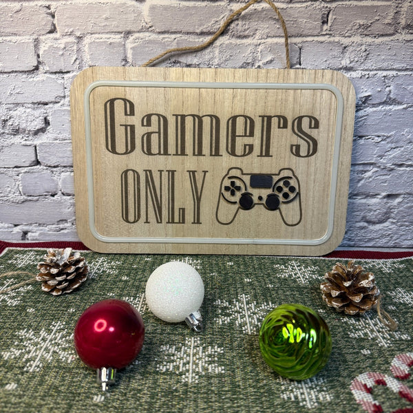 Lighted bedroom sign laser engraved with text gamers only and controller