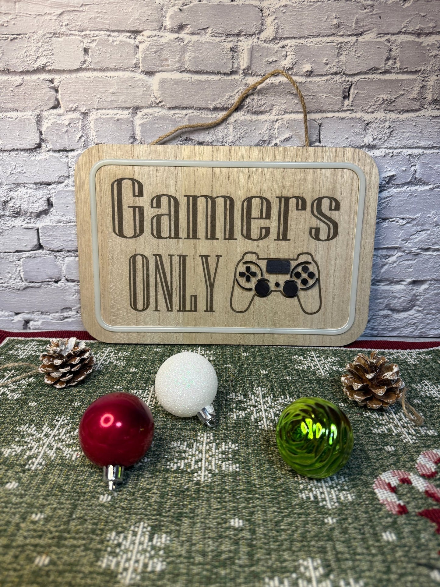 Lighted bedroom sign laser engraved with text gamers only and controller