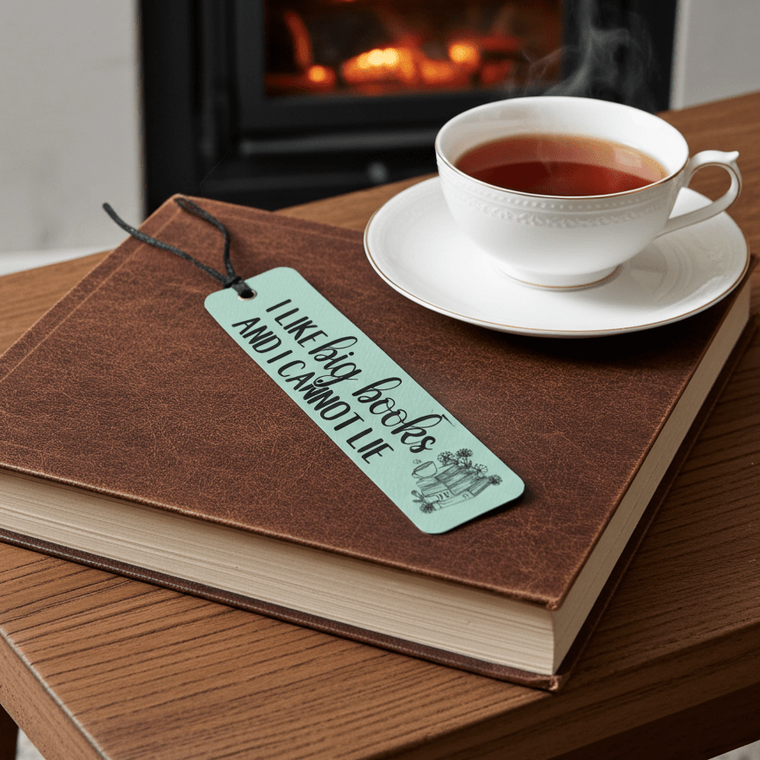 Leatherette Bookmark - I like big books and I cannot lie resting on a book with a cup of coffee - Rustic Aura