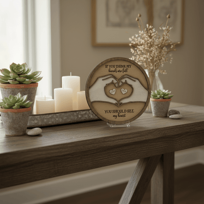 Personalized "Hands are Full" 3D Wood Sign | Custom Heart & Names Shelf Decor - Rustic Aura