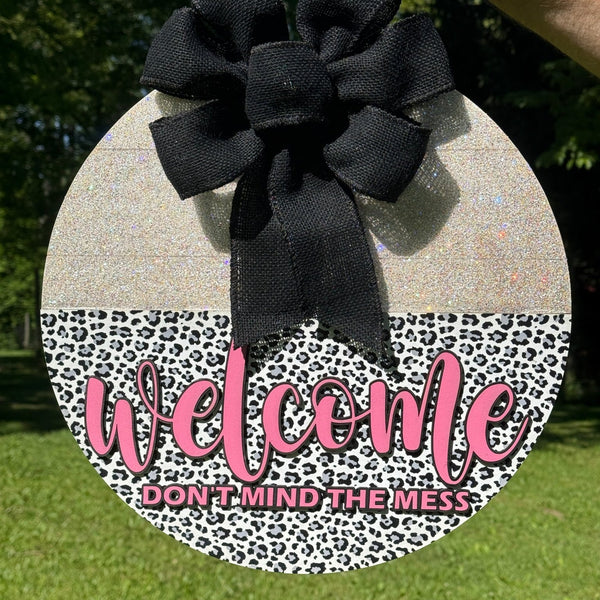 Leopard Print & Glitter Door Hanger with Black Burlap Bow - Rustic Aura