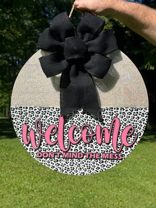 Leopard Print & Glitter Door Hanger with Black Burlap Bow - Rustic Aura