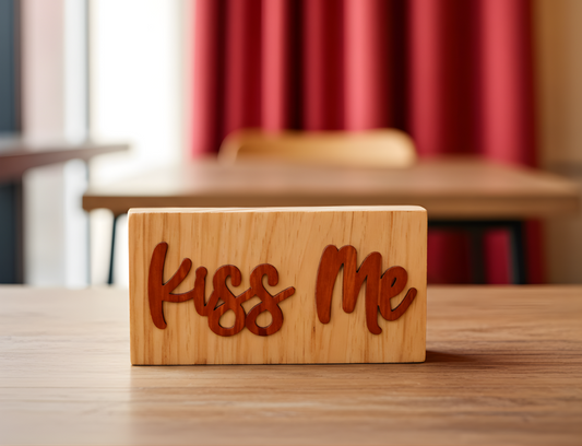 wood sign with the words kiss me sitting on a wood table with a red curtain in the background