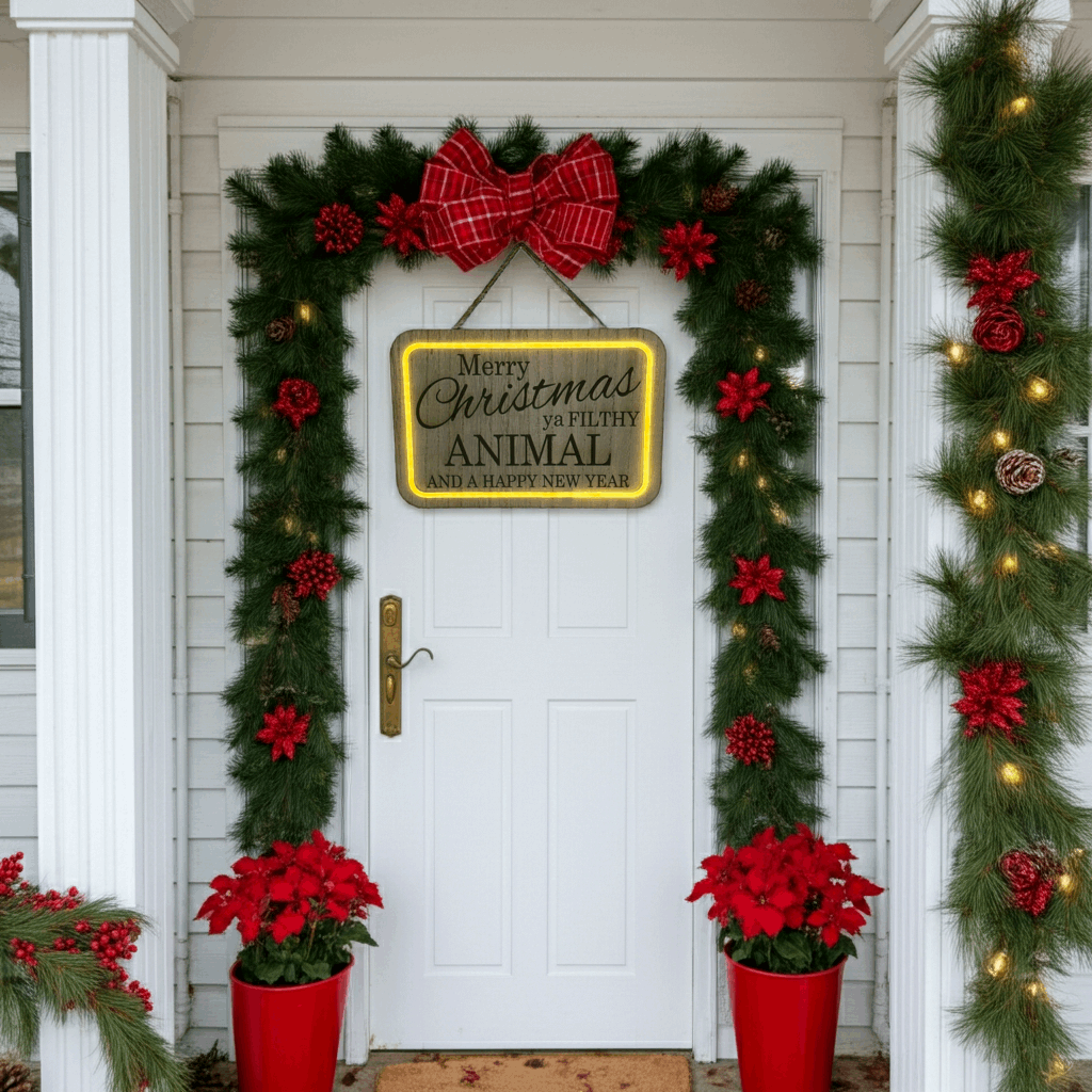 Decorative lighted Christmas sign with a wreath and poinsettias on a white door.
