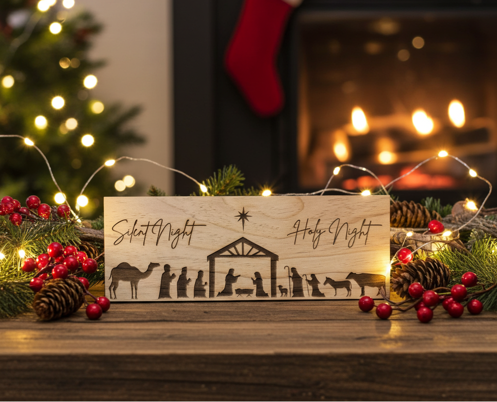 Wooden sign with nativity scene and 'Silent Night, Holy Night' text, surrounded by Christmas decorations.