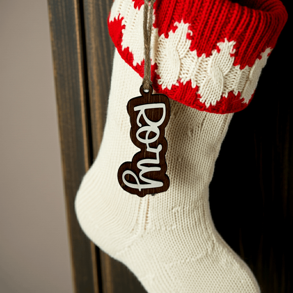 Christmas stocking with red top and a rustic wooden stocking tag. 
