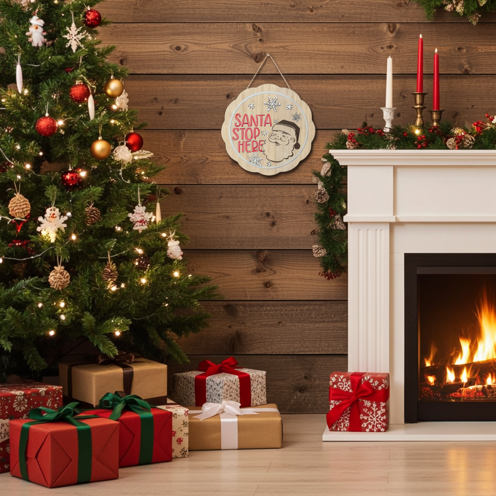 Santa Stop Here Lighted Round Sign