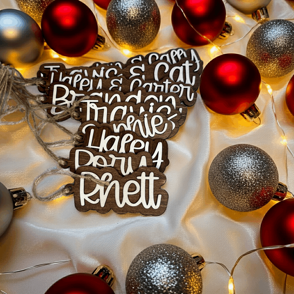 Wooden name tags with white text surrounded by red and gold Christmas ornaments on a white background.