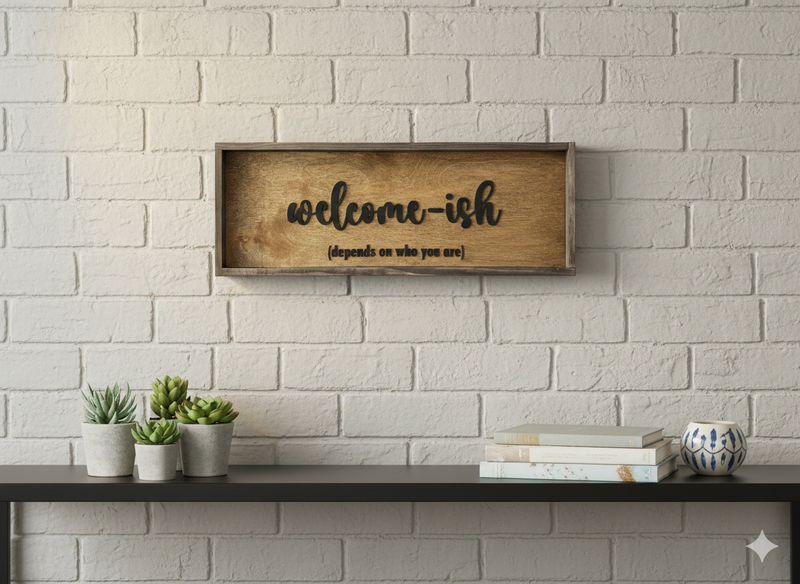 Wooden framed sign with 'welcome-ish' depends on who you are text on a white brick wall above a shelf with plants and books.
