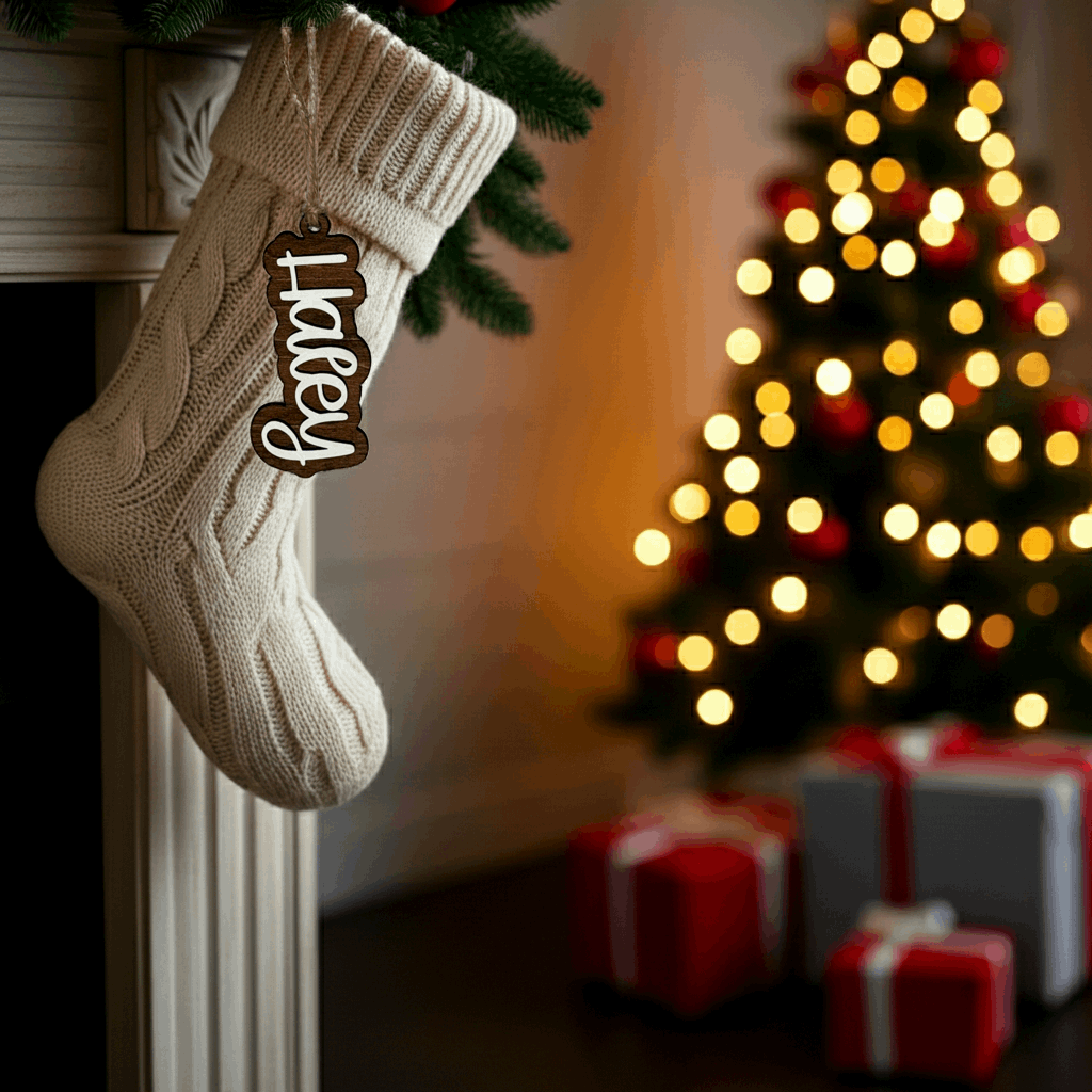 Knit stocking with a rustic wooden stocking tag, gift tag hanging from a fireplace with a Christmas tree and presents in the background.