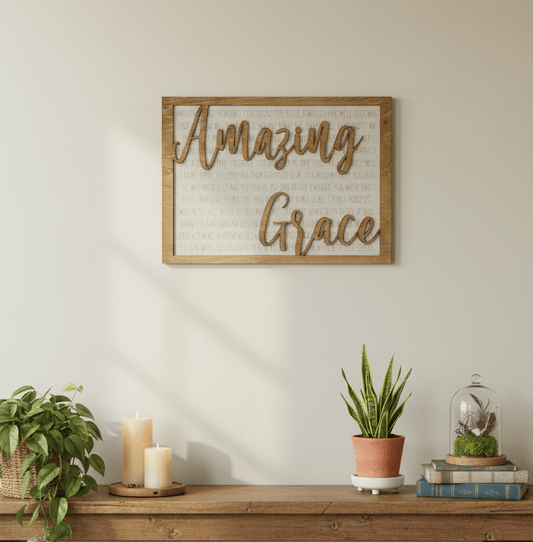 Amazing Grace 3D Layered Wood Sign | Engraved Hymn Wall Art - Rustic Aura