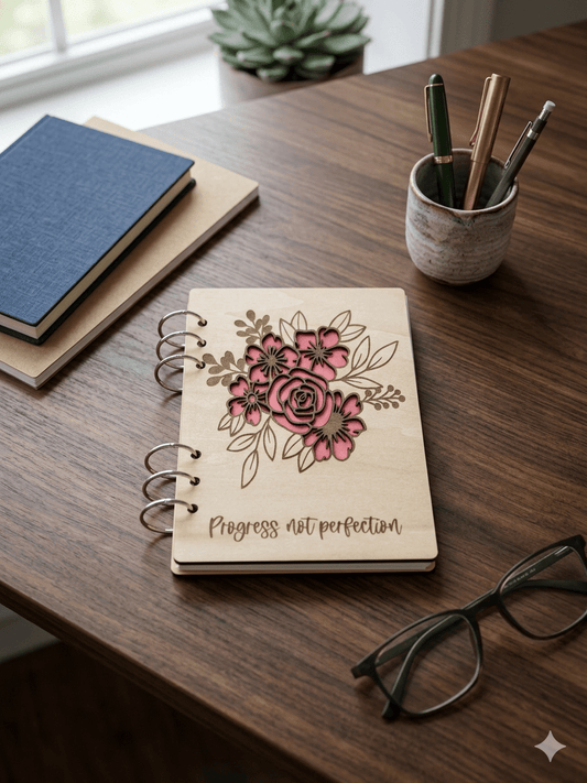 Flower Journal | A5 Wooden Cover Journal - Rustic Aura