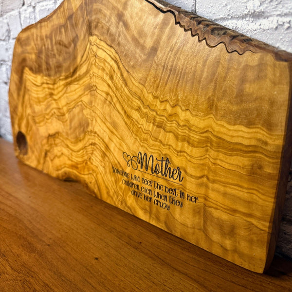 Mother Olive Wood Live - Edge Board | Engraved Olive Wood Board - Rustic Aura