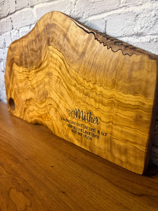 Mother Olive Wood Live - Edge Board | Engraved Olive Wood Board - Rustic Aura