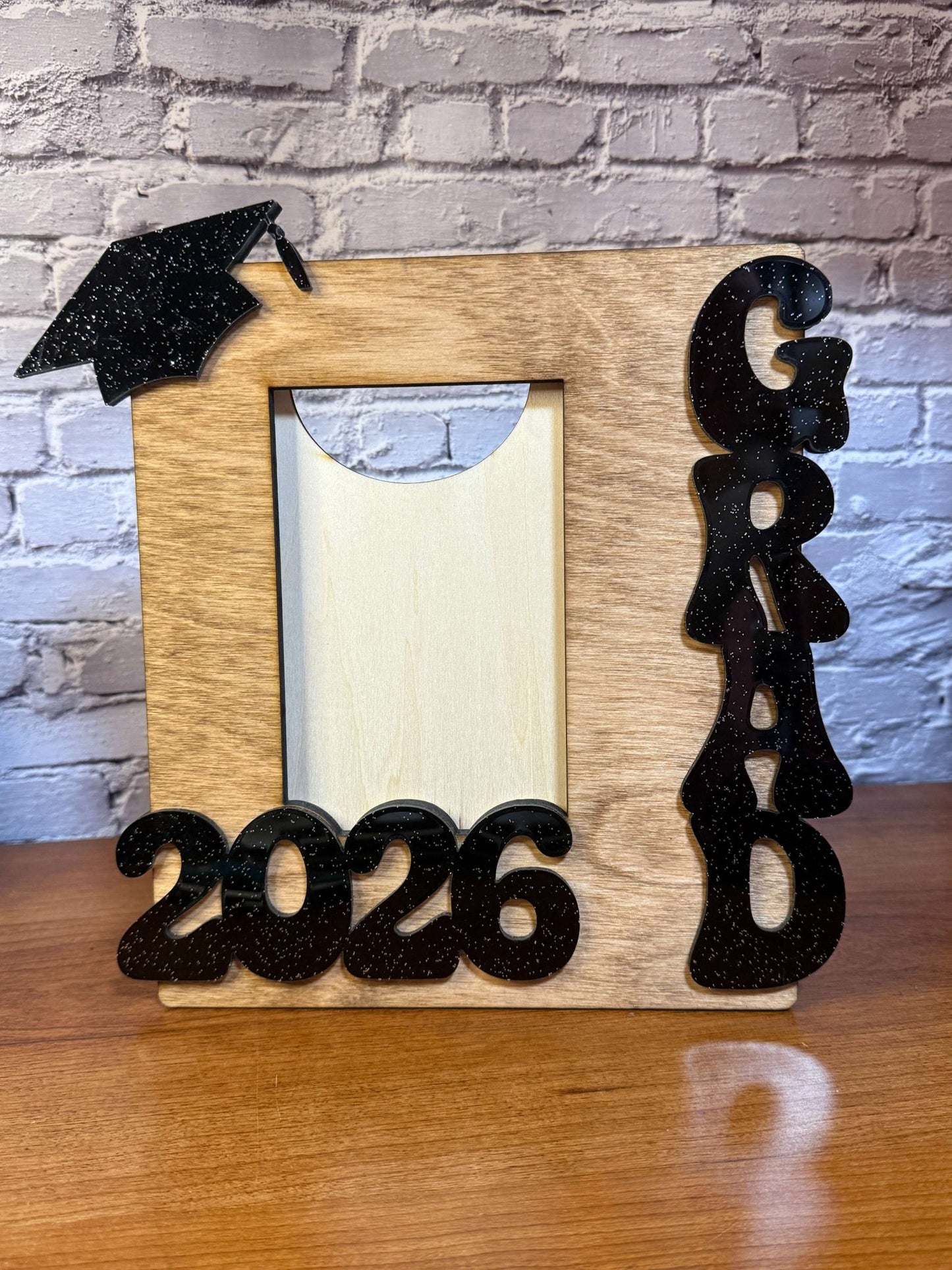2026 Graduation Photo Frame – Wood & Black Glitter Acrylic - Rustic Aura