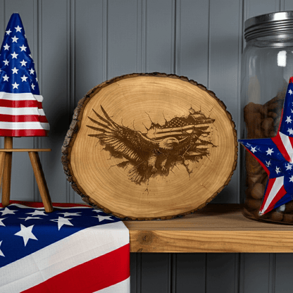 Eagle and Flag Wood Piece with Bark - Rustic Aura