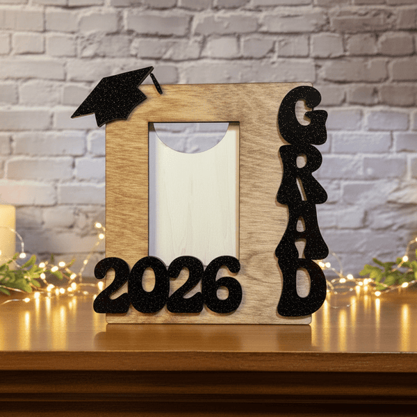 2026 Graduation Photo Frame – Wood & Black Glitter Acrylic - Rustic Aura