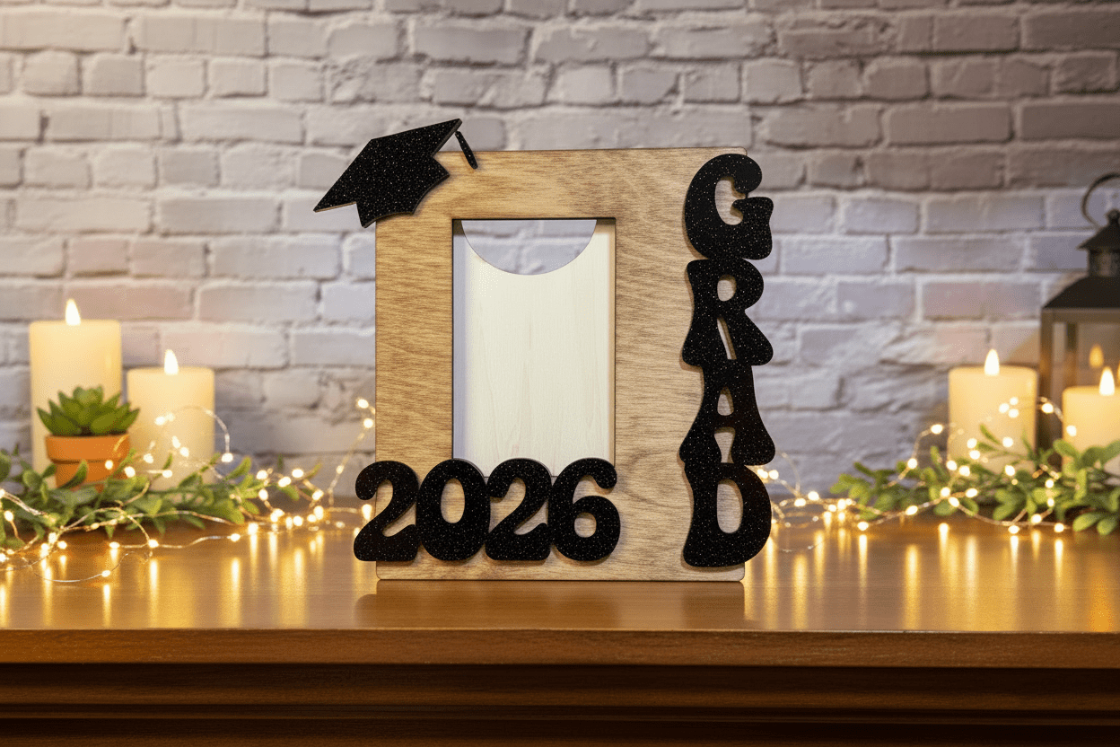 2026 Graduation Photo Frame – Wood & Black Glitter Acrylic - Rustic Aura