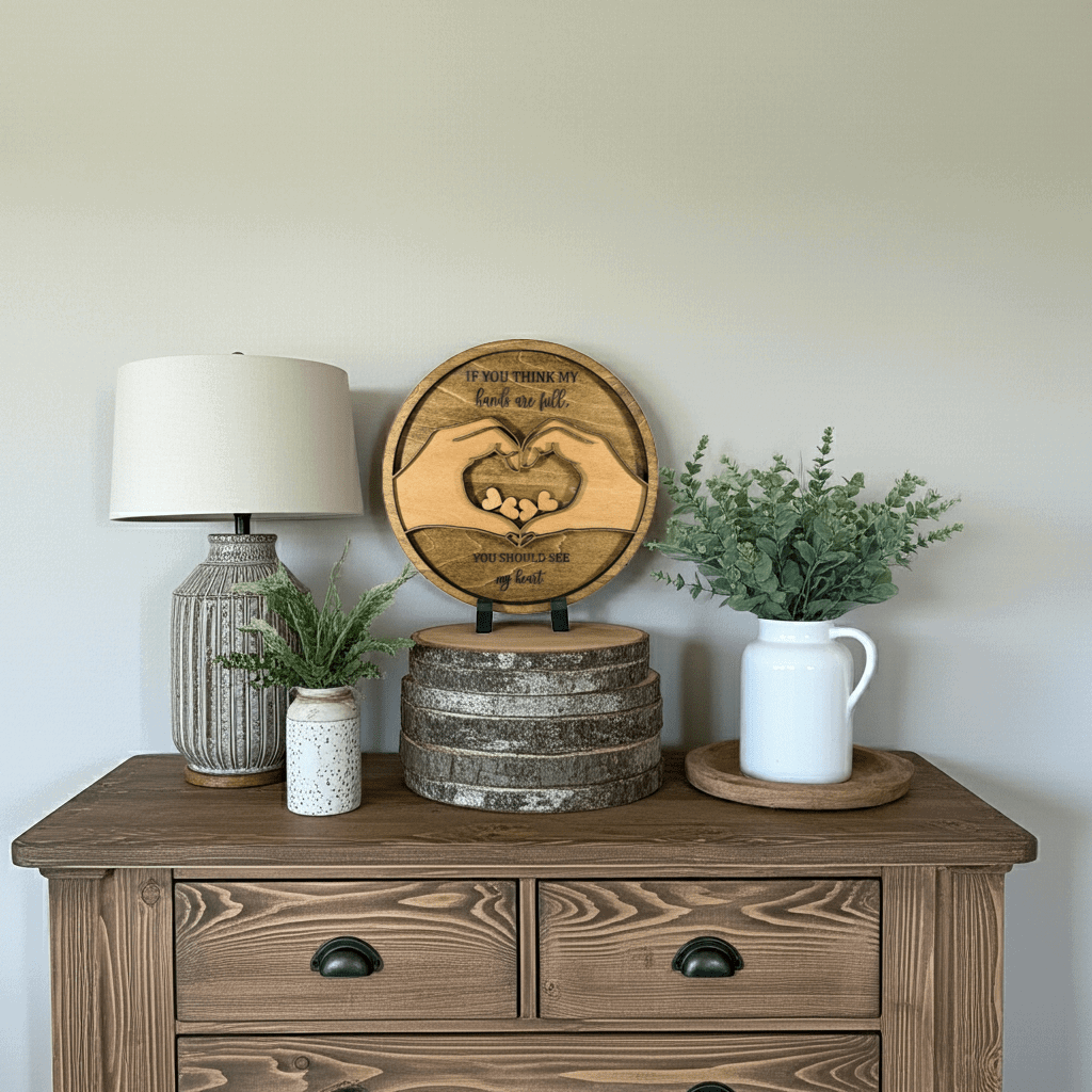 Round 'If you think my hands are full...' sign - Rustic Aura