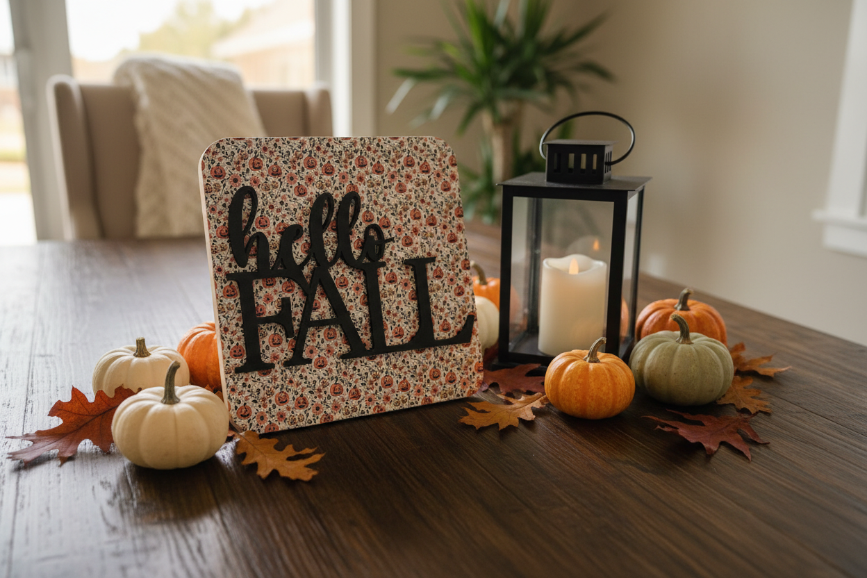 Hello Fall Pumpkin Sign - Dark Wood Entryway Table
