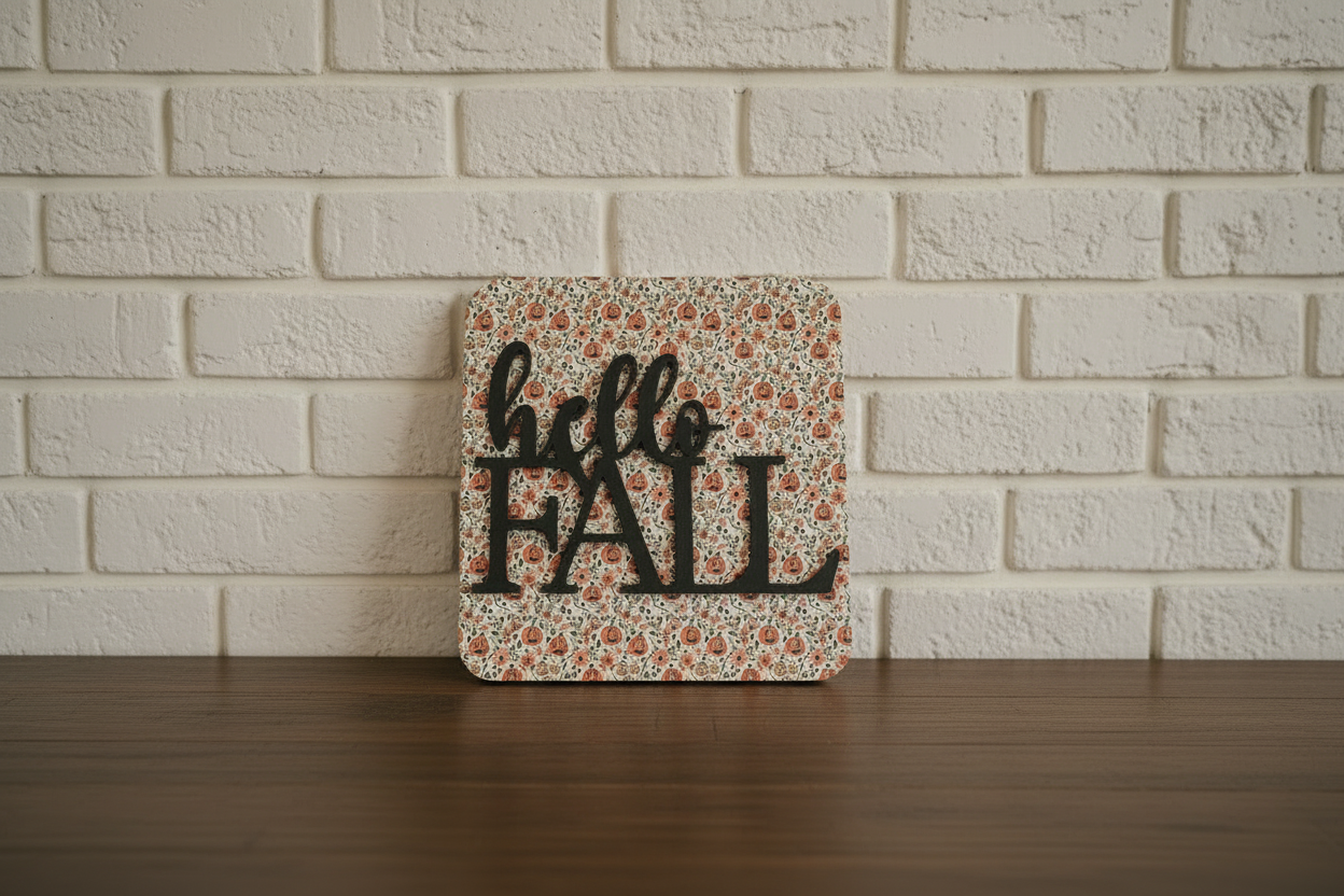 Hello Fall Pumpkin Sign - Leaning Against White Brick Wall