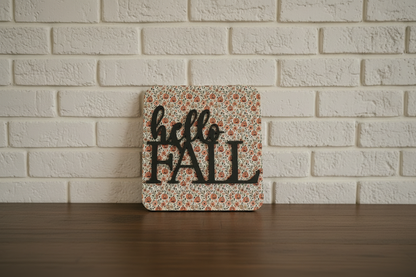 Hello Fall Pumpkin Sign - Leaning Against White Brick Wall